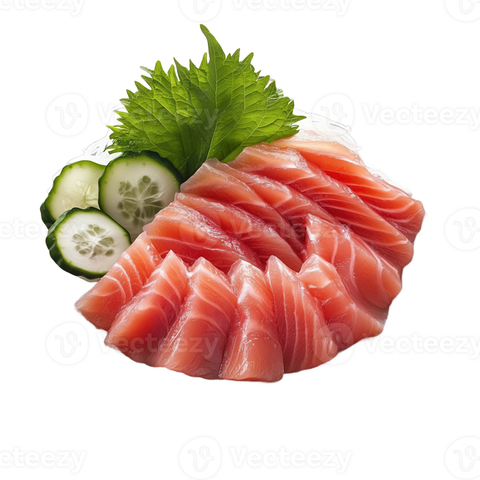 Freshly sliced sashimi served with cucumber and shiso leaves on a white plate png
