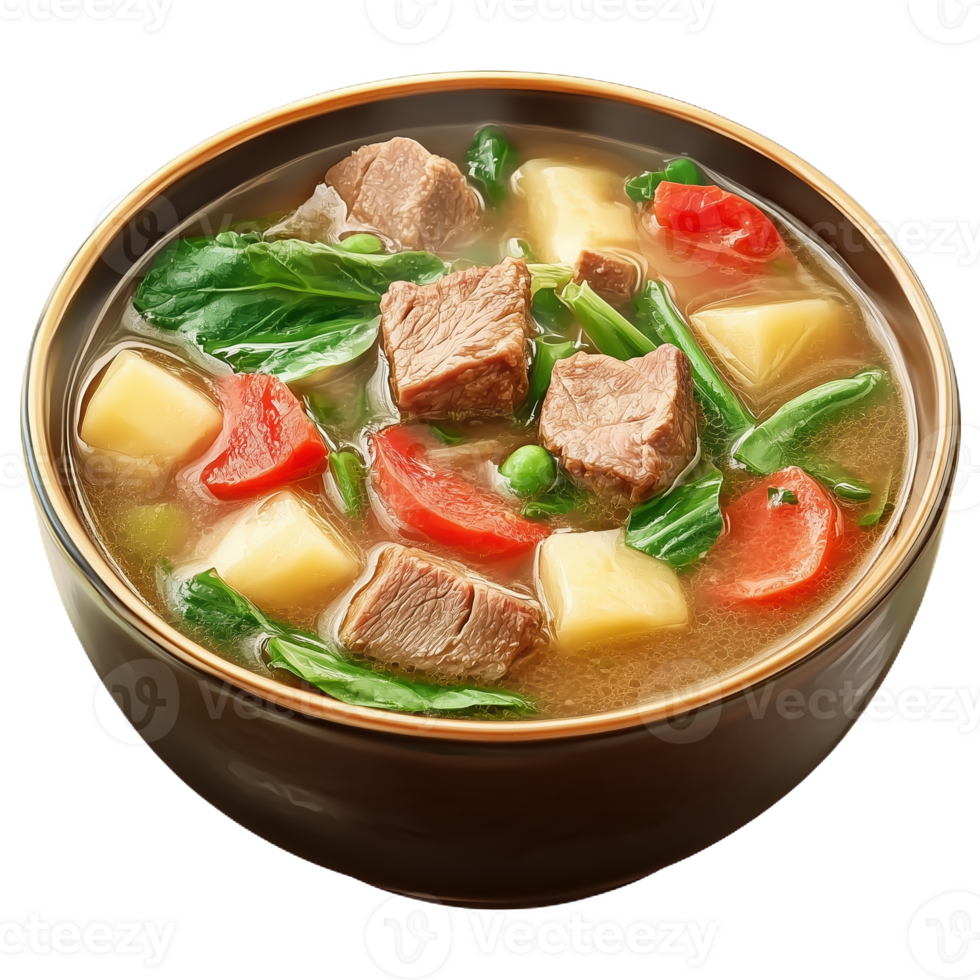 Realistic portrayal of sinigang with fresh vegetables and tender meat png