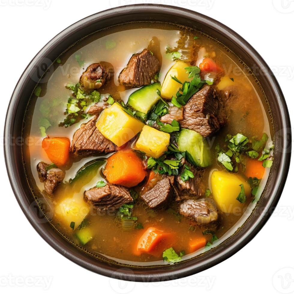 Delicious sopa nita with tender beef and fresh vegetables in a cozy kitchen setting png