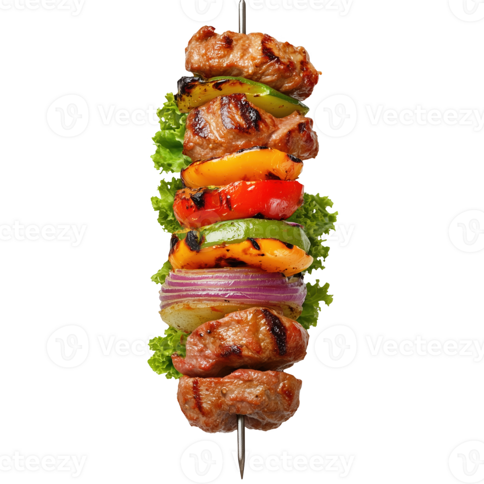 Delicious Turkish kebab skewer with vibrant vegetables and fresh greens served png