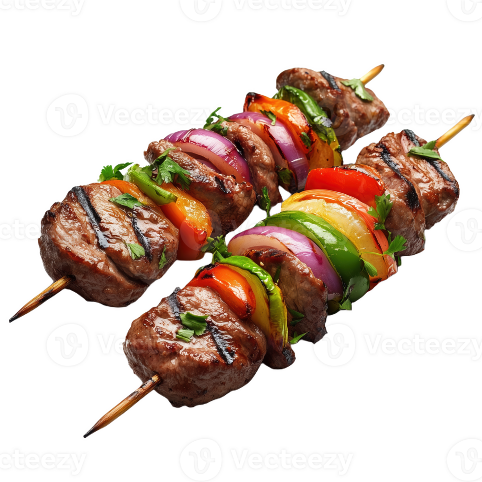 Delicious Turkish kebab skewers with grilled vegetables served on a wooden platter png