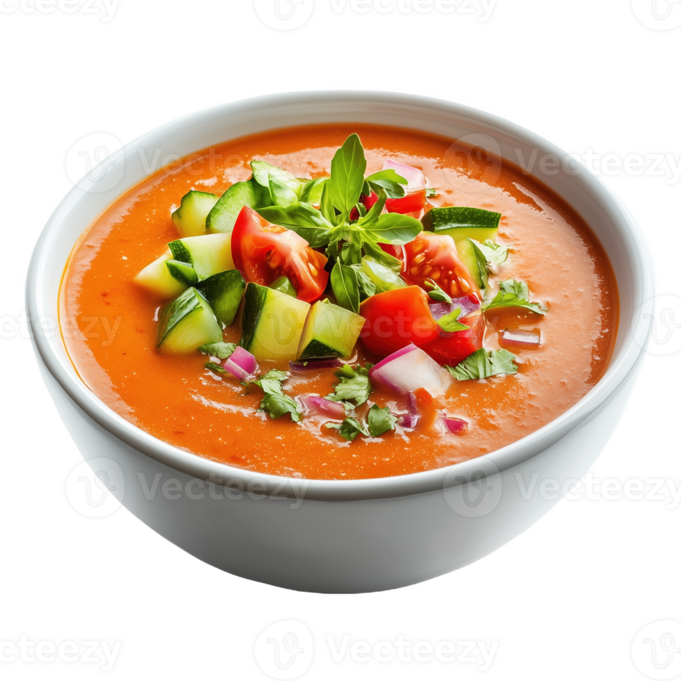Fresh gazpacho served in a clean white bowl with vibrant toppings on a wooden table png