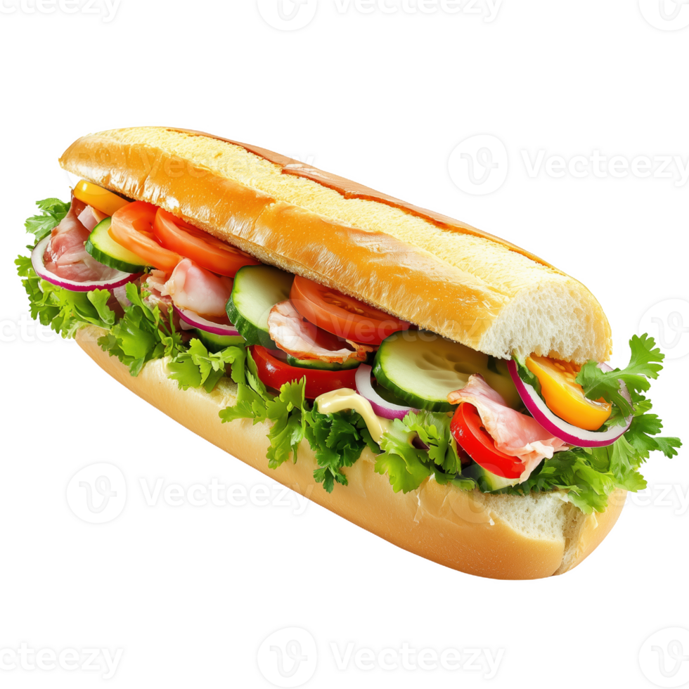 Delicious Banh Mi filled with fresh vegetables and savory meats in a sunny setting png