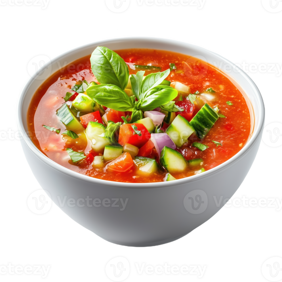 Fresh gazpacho bowl with vibrant vegetables and basil on top png