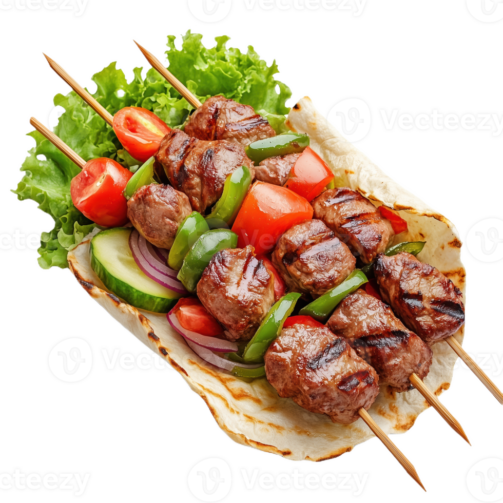 Delicious Turkish kebab served on fresh vegetables with grilled meat and flatbread png