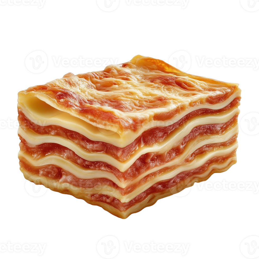 Delicious slice of layered lasagna on a clean white background png
