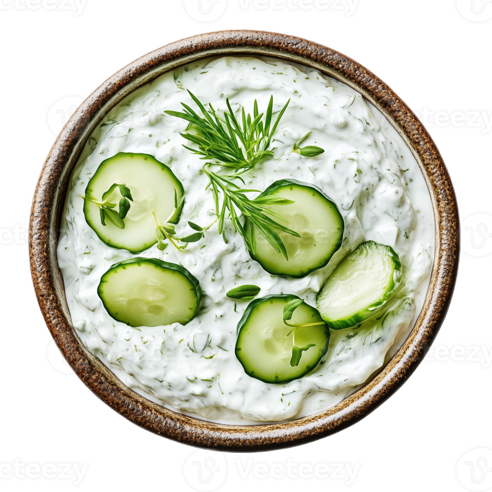 Fresh cucumber yogurt dip served in a rustic bowl with herbs and garnishes png