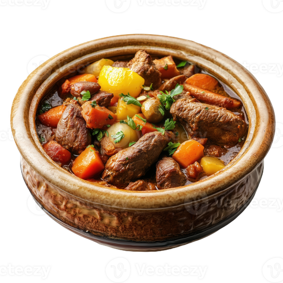 Moroccan stew with tender meat and fresh vegetables served in traditional pot png