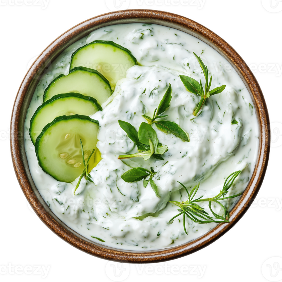 Creamy cucumber yogurt dip served in a rustic bowl with fresh herbs png