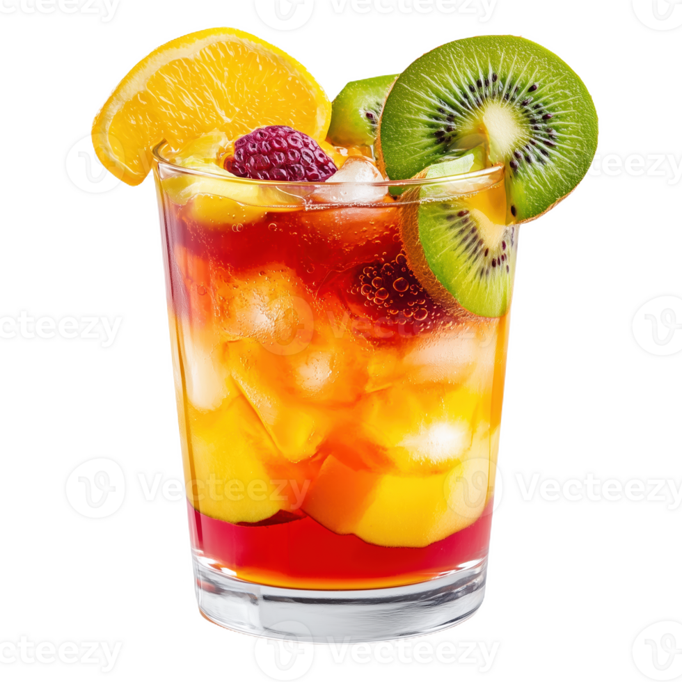 Refreshing tropical beverage served in a vibrant glass with colorful fruits png