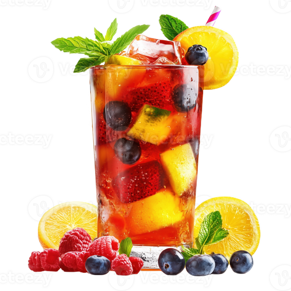 Refreshing fruit beverage made with berries and citrus garnished in a tall glass png