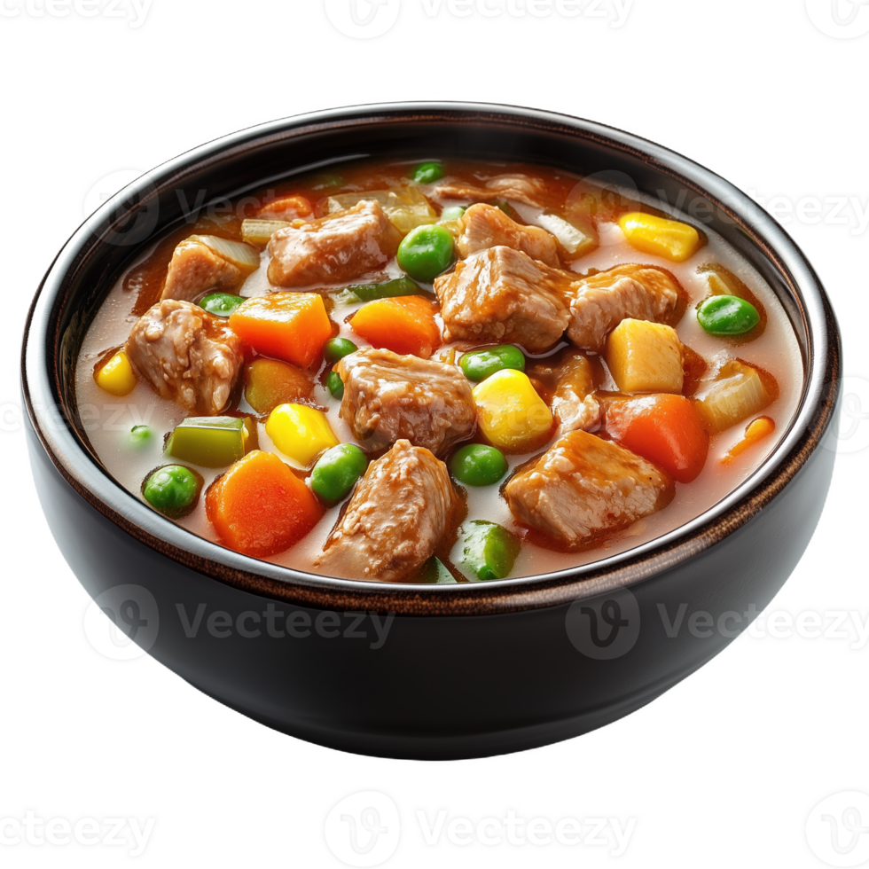 Delicious hearty stew with tender meat and fresh vegetables in a dark bowl png