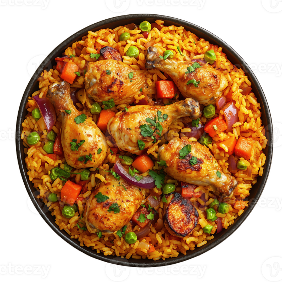 Delicious arroz con pollo served on a black plate with vibrant colors and textures png