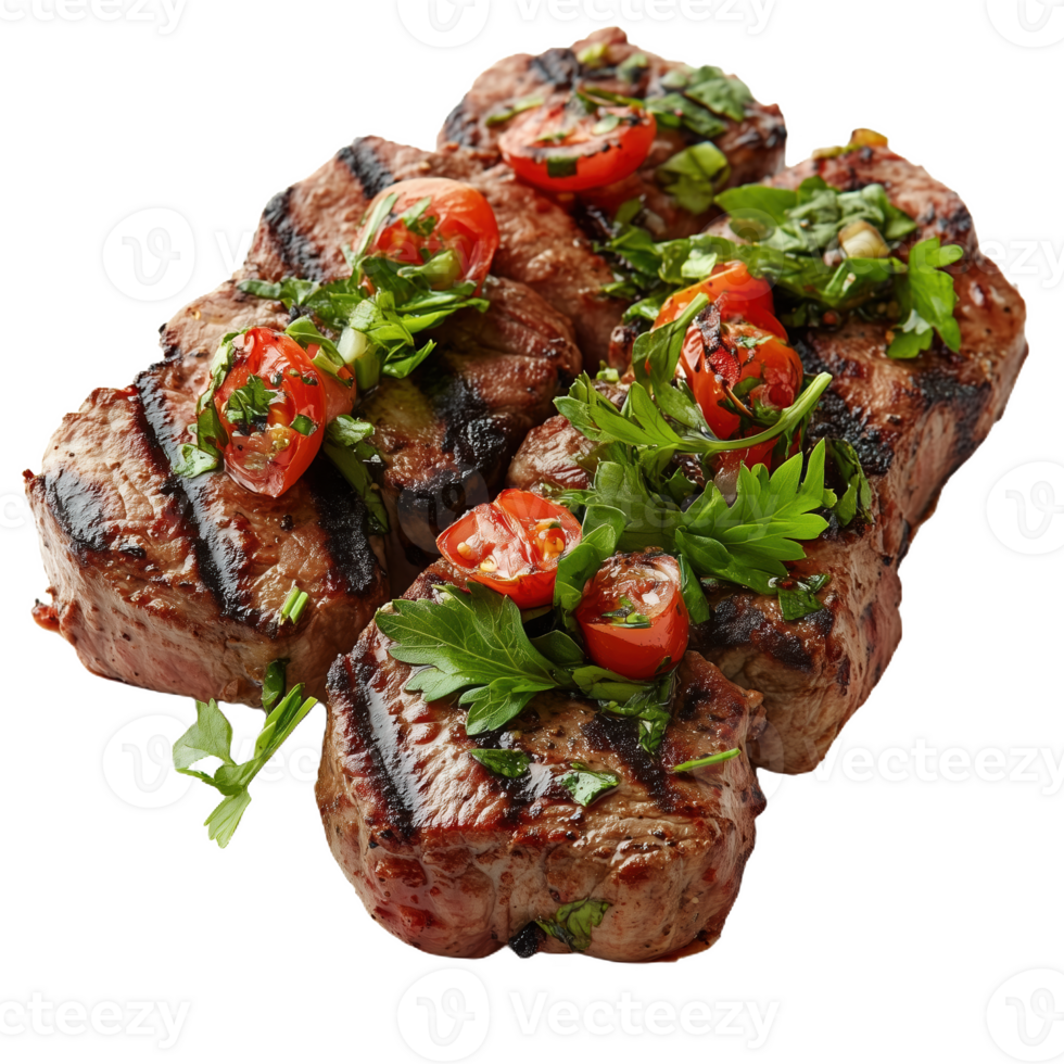 Grilled bruscadao with fresh herbs and tomatoes served on a white plate png