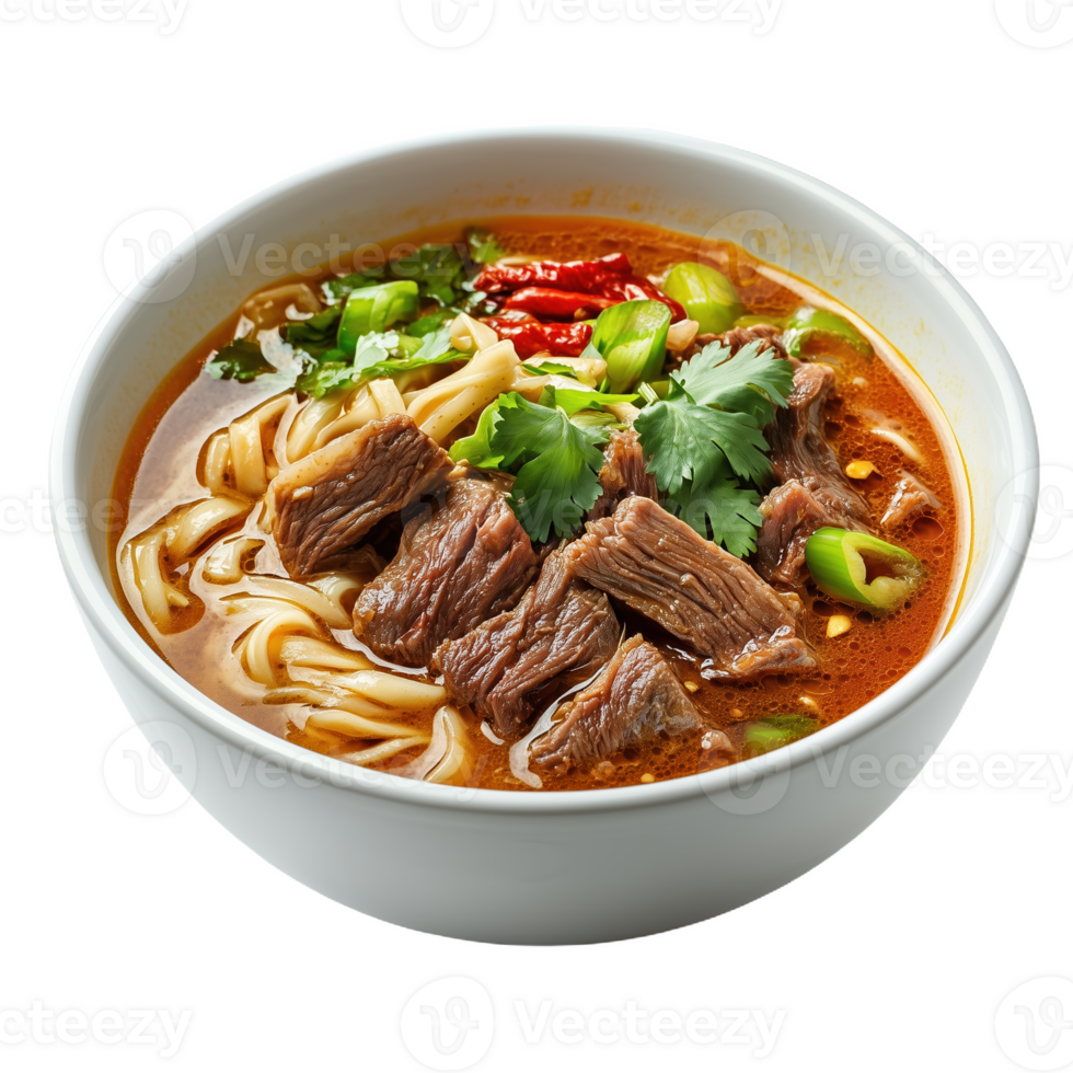 Delightful bun rendang served in a bowl with fresh herbs and noodles png