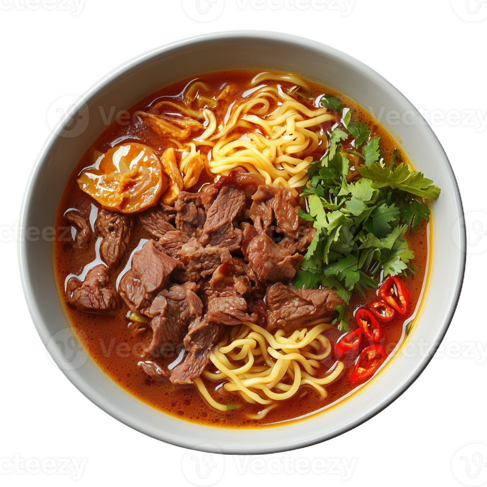 Savoring the rich flavors of bun rendang with tender beef and fresh herbs png