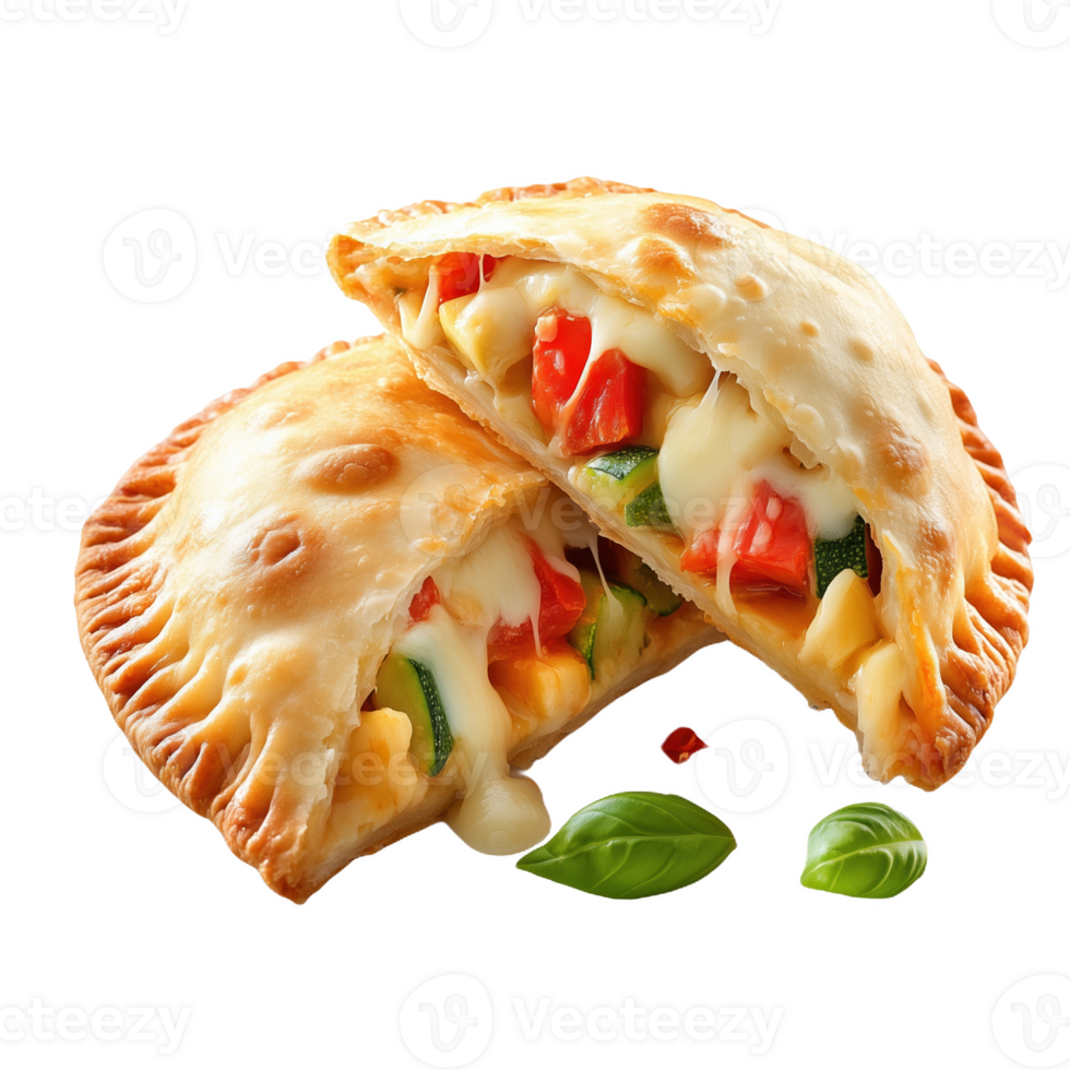 Deliciously filled empanadas with melted cheese and fresh vegetables on white background png