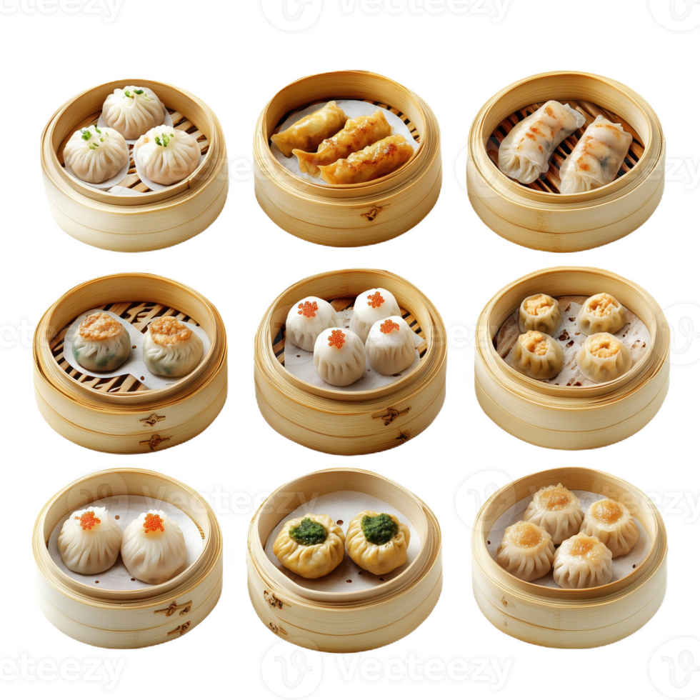 Savoring a variety of Chinese dim sum served in traditional bamboo steamers png