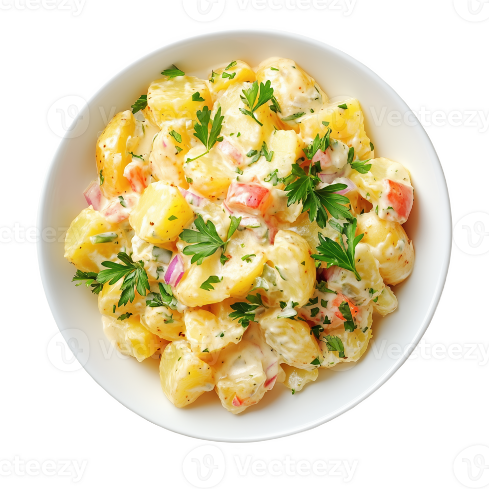 Delicious potato salad garnished with fresh herbs perfect for summer gatherings png