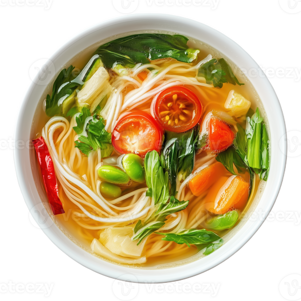Realistic photo of kuksu noodles in a round bowl with fresh ingredients png