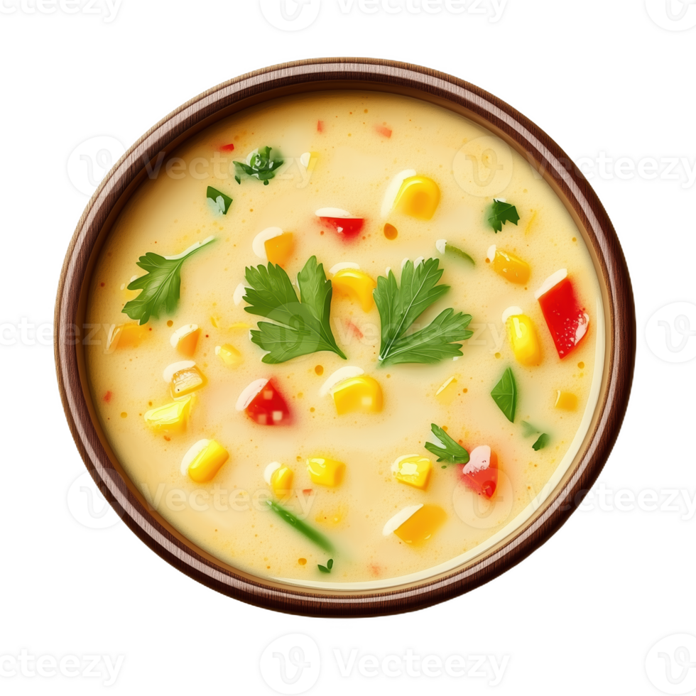 Miso choclo soup with colorful vegetables in a wooden bowl png