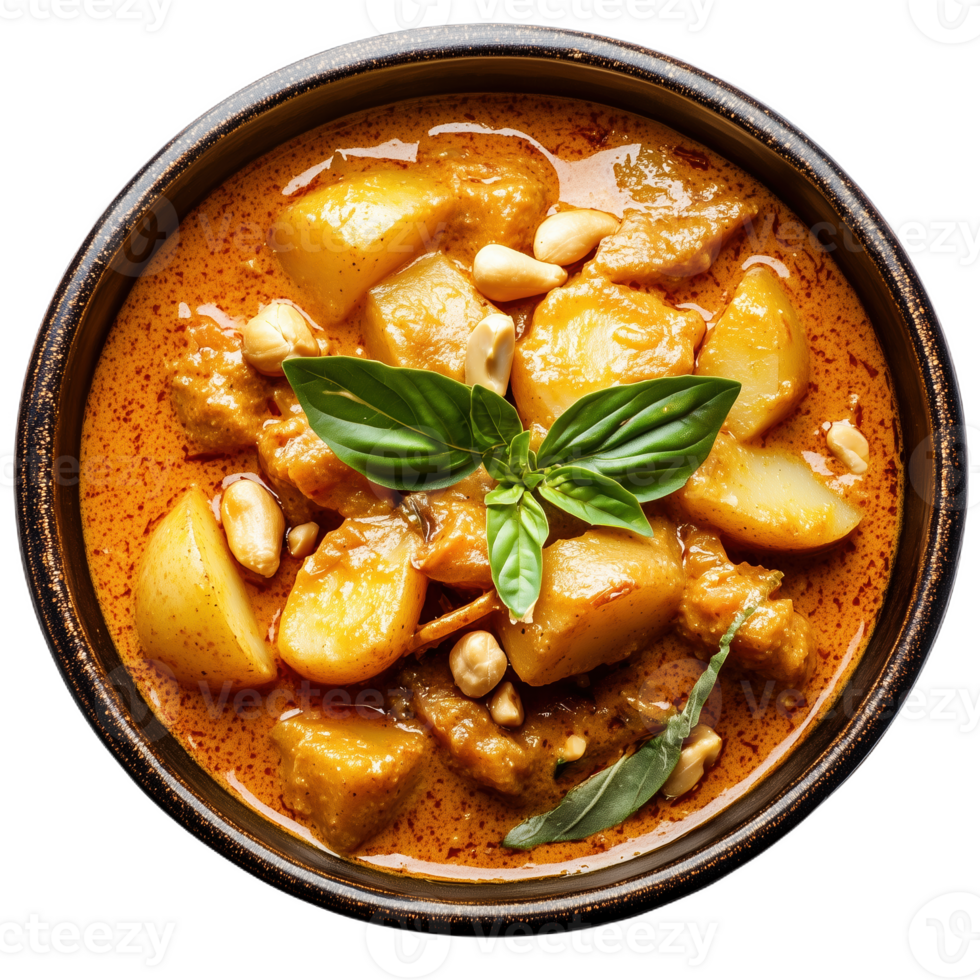 Delicious massaman curry with tender potatoes and fresh basil in a rich sauce png