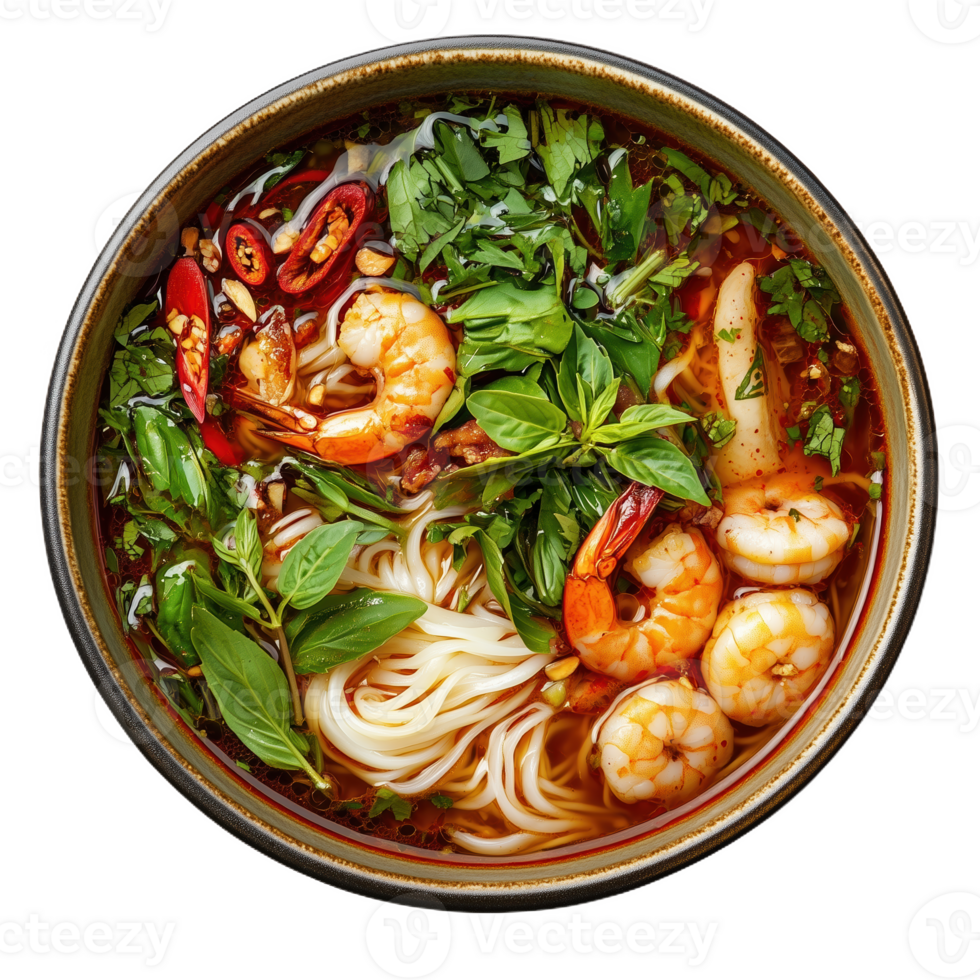 Delicious bowl of mi quang with shrimp and fresh herbs in a traditional setting png