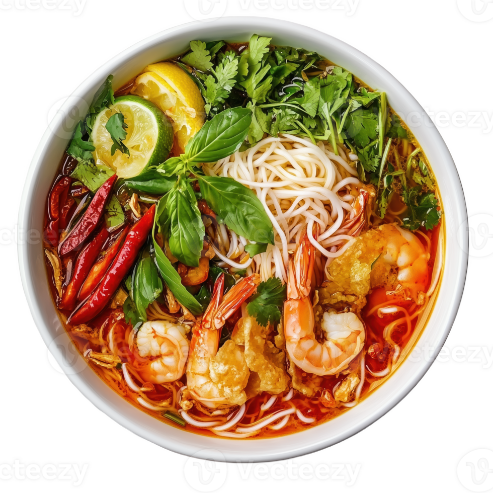Delicious mi quang with shrimp and herbs served in a vibrant bowl png