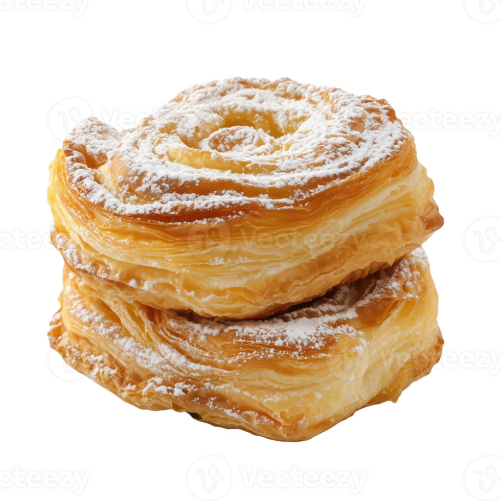 Delicious flaky pastry layered with powdered sugar in a warm cafe setting png