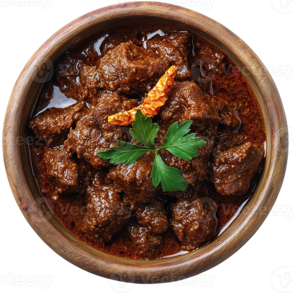 Delicious rendang beef served in a wooden bowl with garnishes png