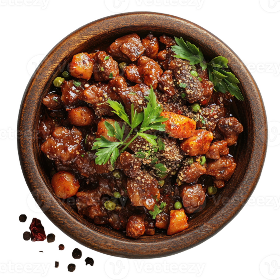 Savory tachite dish featuring tender meat and vibrant vegetables in a rustic bowl png