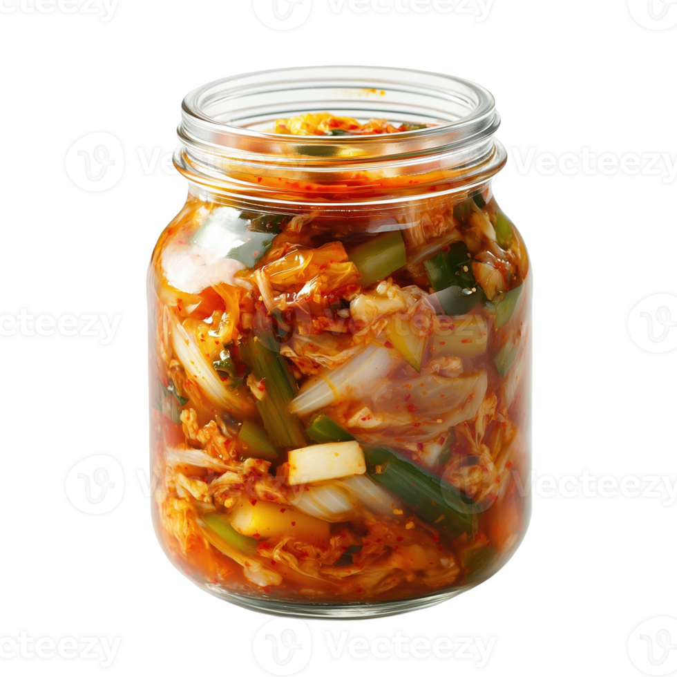 Vibrant kimchi displayed in a glass jar with fresh ingredients and rich colors png