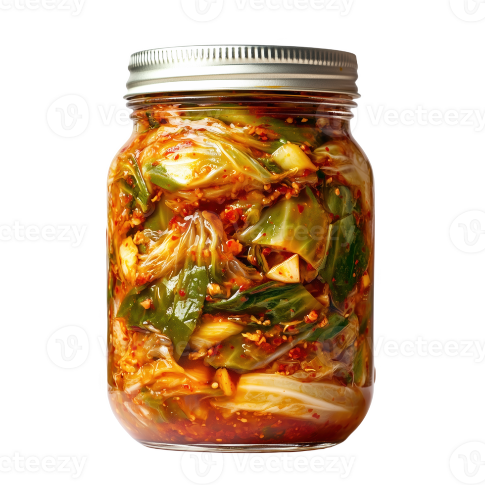 Vibrant kimchi preserved in a clear jar with fresh ingredients and vivid colors png