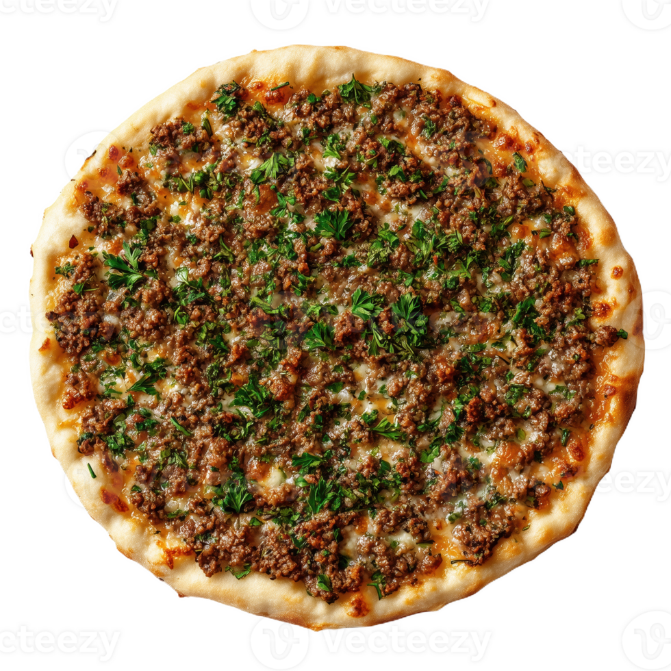 Delicious Turkish pide topped with minced meat and herbs straight from the oven png
