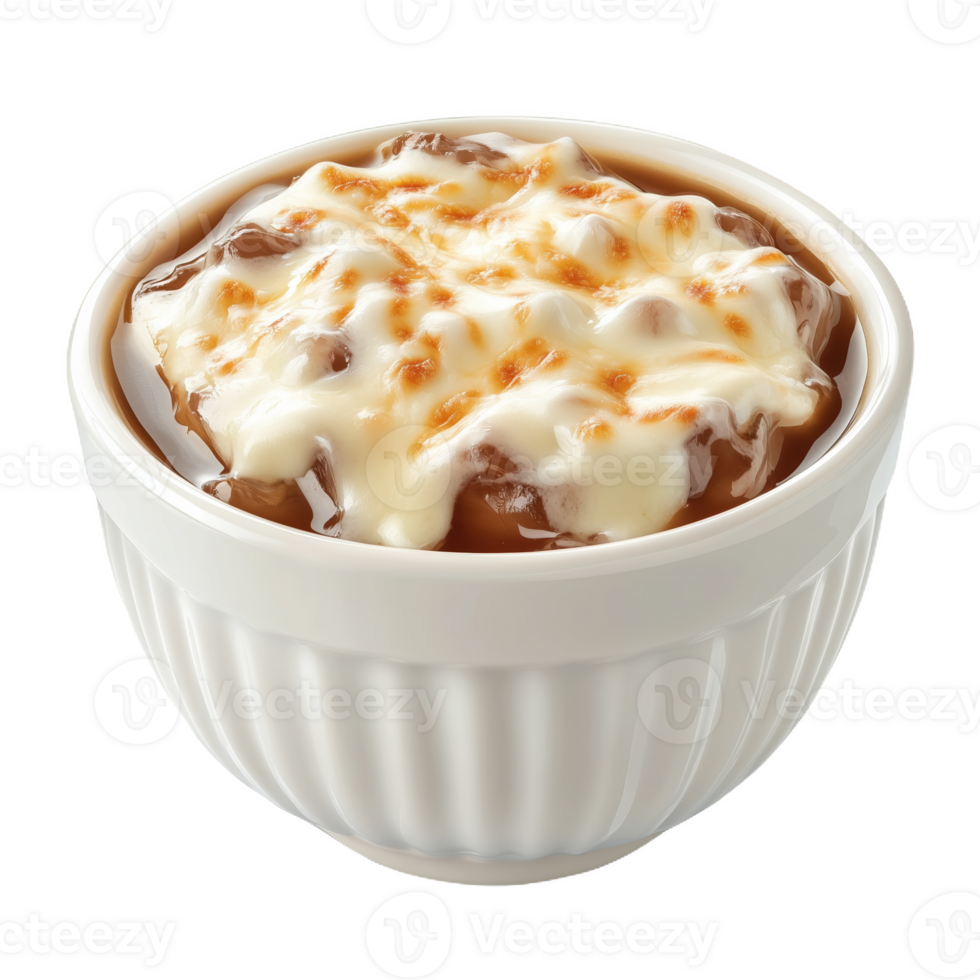 Delicious bowl of warm dessert topped with creamy layer at a cozy kitchen setting png