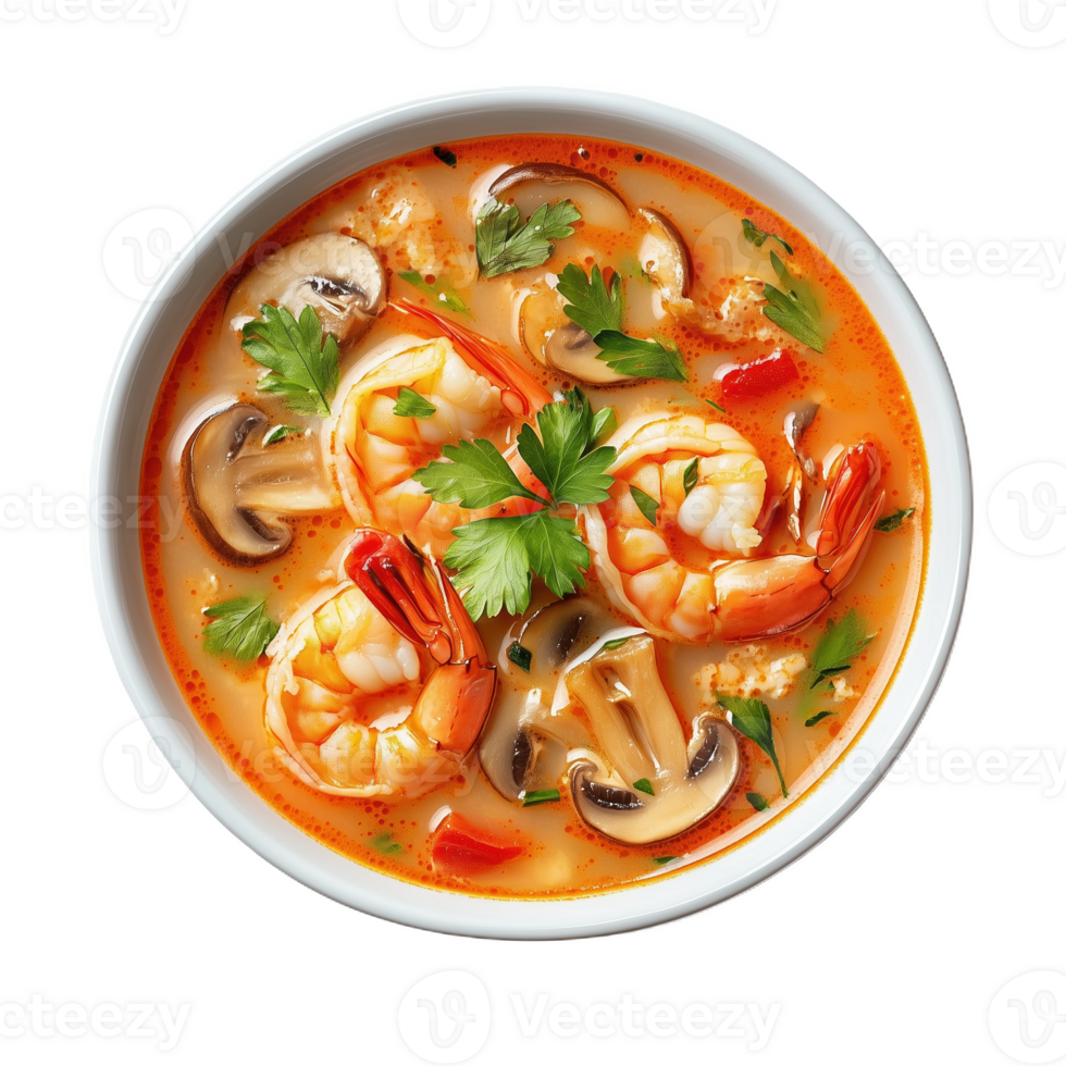 Delicious shrimp soup with mushrooms and herbs in a white bowl on a clean surface png