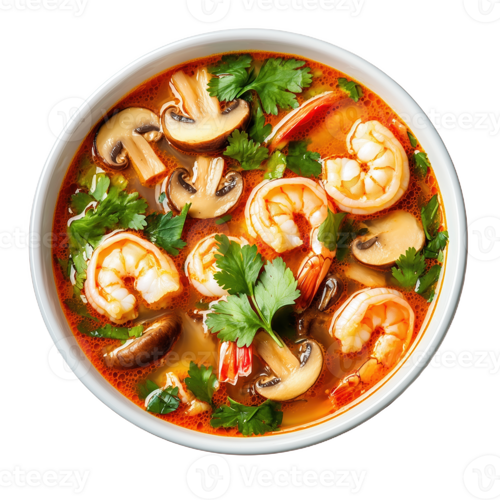 Shrimp and mushroom bowl with fresh herbs in vibrant broth png