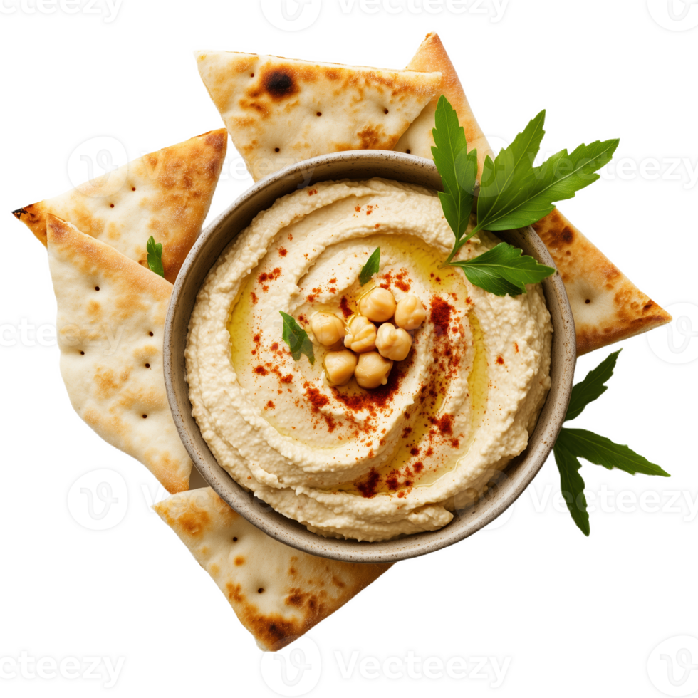 Creamy hummus served in a bowl with bread for dipping on a white background png