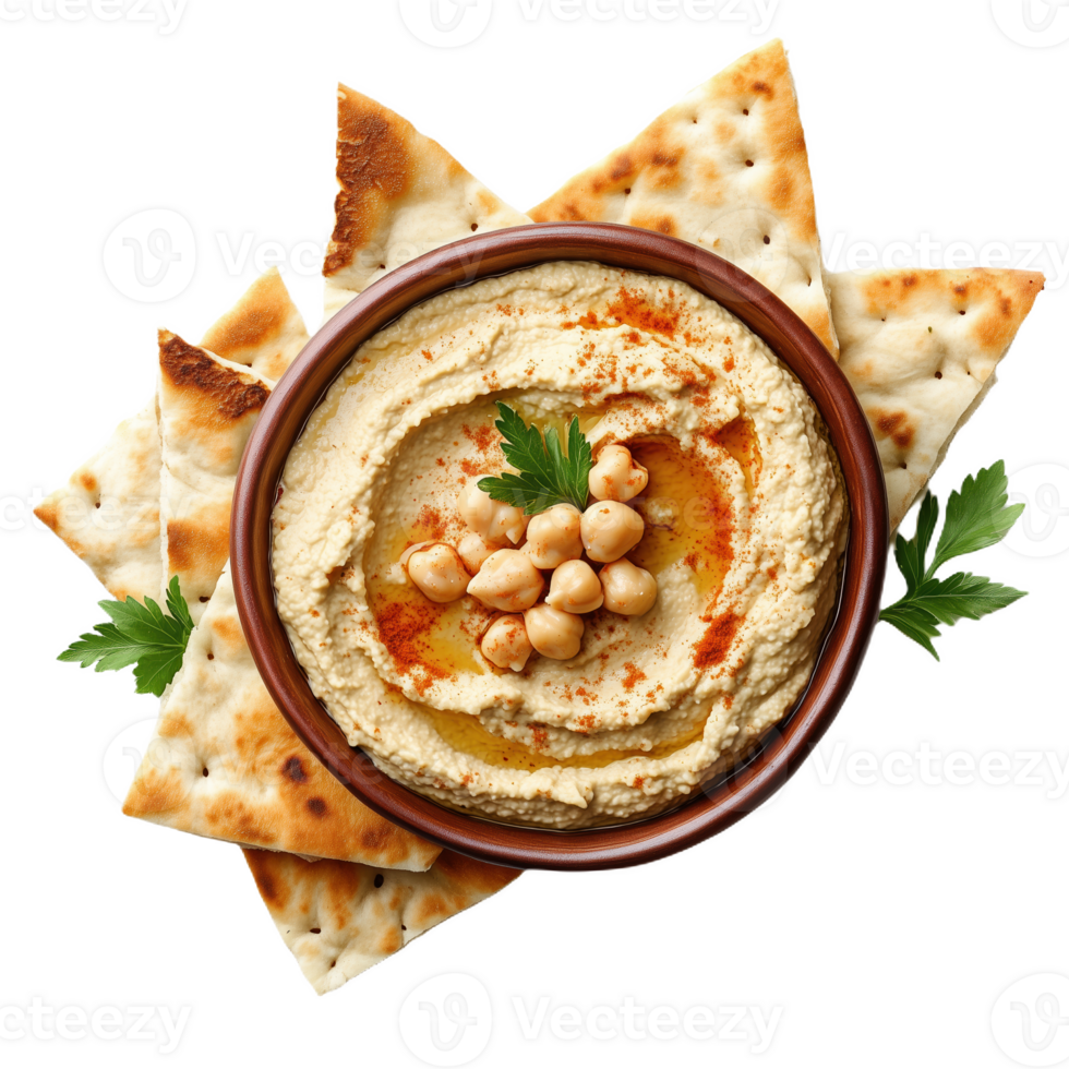 Bowl of homemade hummus with pita bread and chickpeas served on a white background png