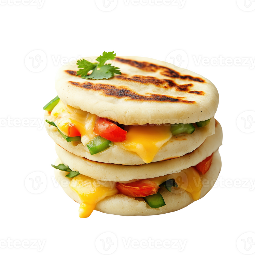 Delicious arepas stacked with fresh vegetables and melted cheese for a tasty snack png