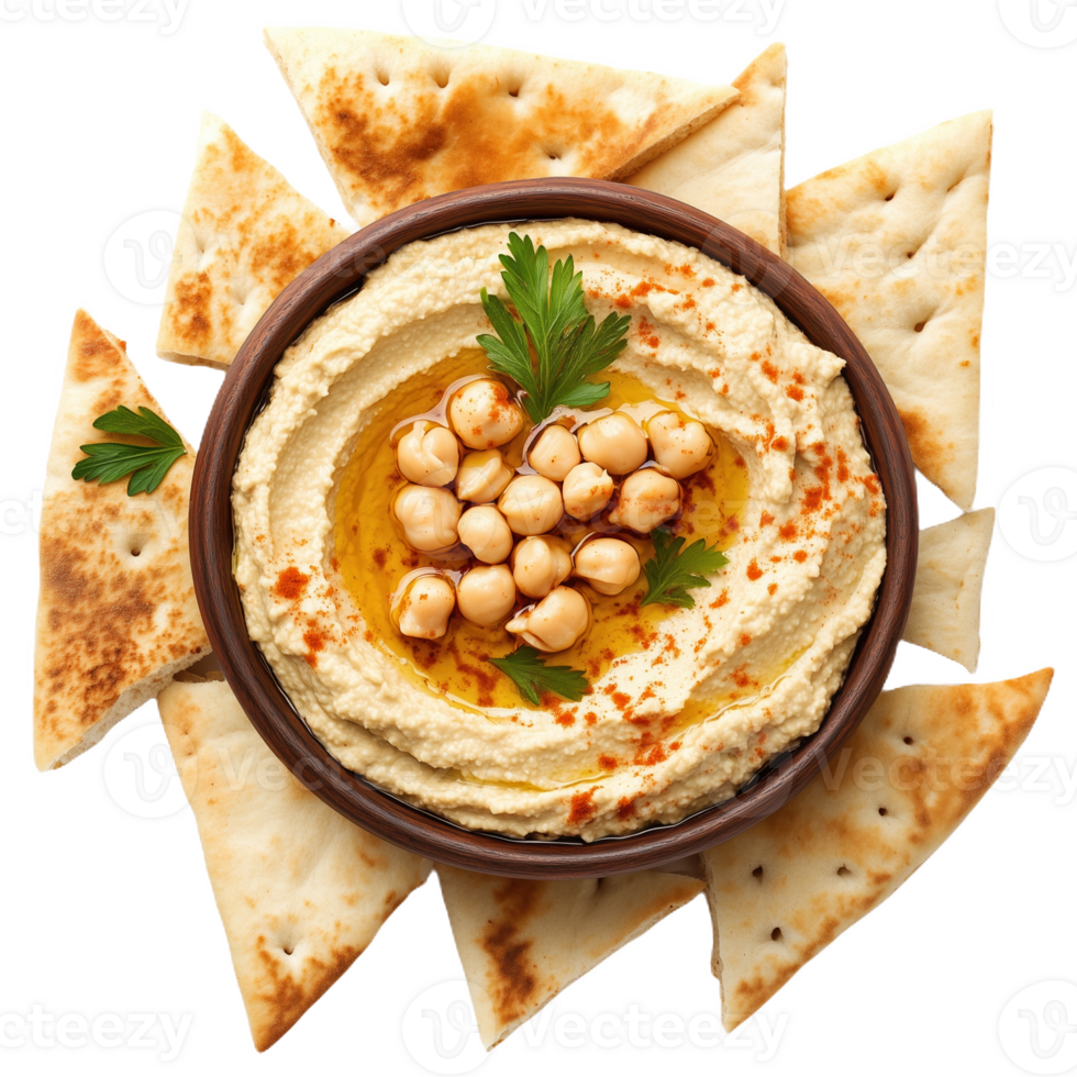 Delicious bowl of hummus served with pita bread garnished with parsley png