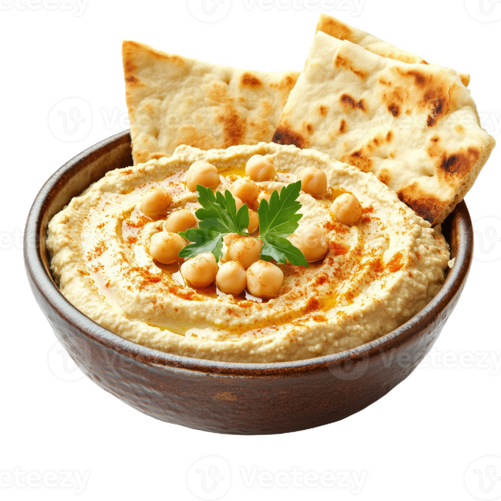 High resolution bowl of hummus with pita bread and chickpeas garnished with herbs png
