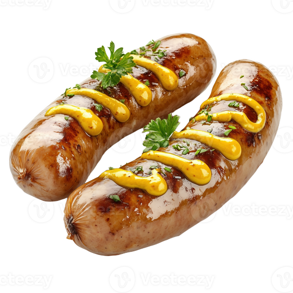 Grilled sausages with mustard and herbs served on a rustic plate png