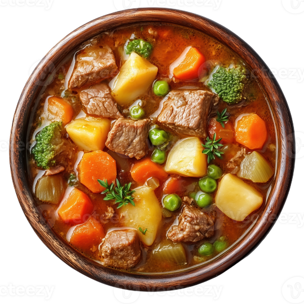 Delicious pepianna stew served in a rustic wooden bowl with fresh vegetables png