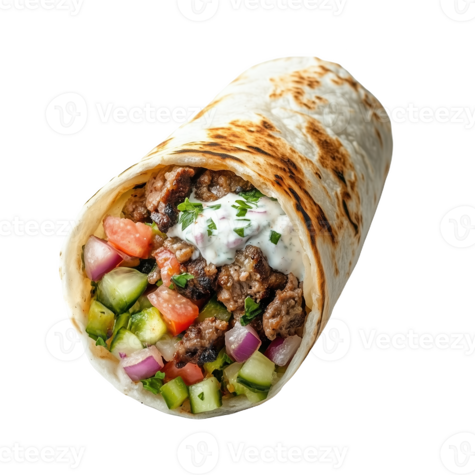 Lifelike depiction of a gyros wrap filled with meat and fresh vegetables png