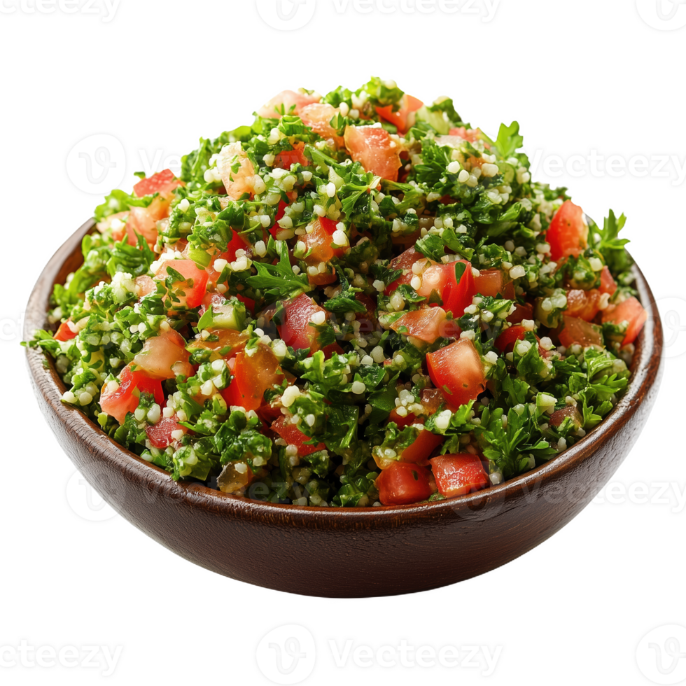 Fresh tabbouleh salad served in a wooden bowl with vibrant colors and ingredients png