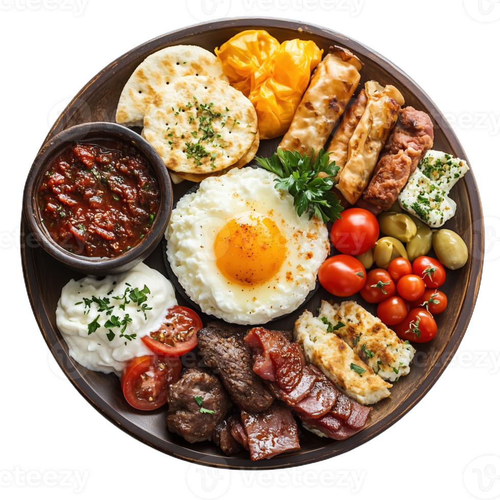 Traditional Turkish breakfast with assorted dishes on a decorative plate png