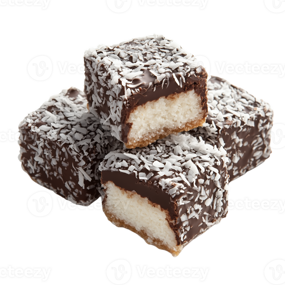 Delicious Australian lamingtons in rich chocolate and coconut coating served on a plate png