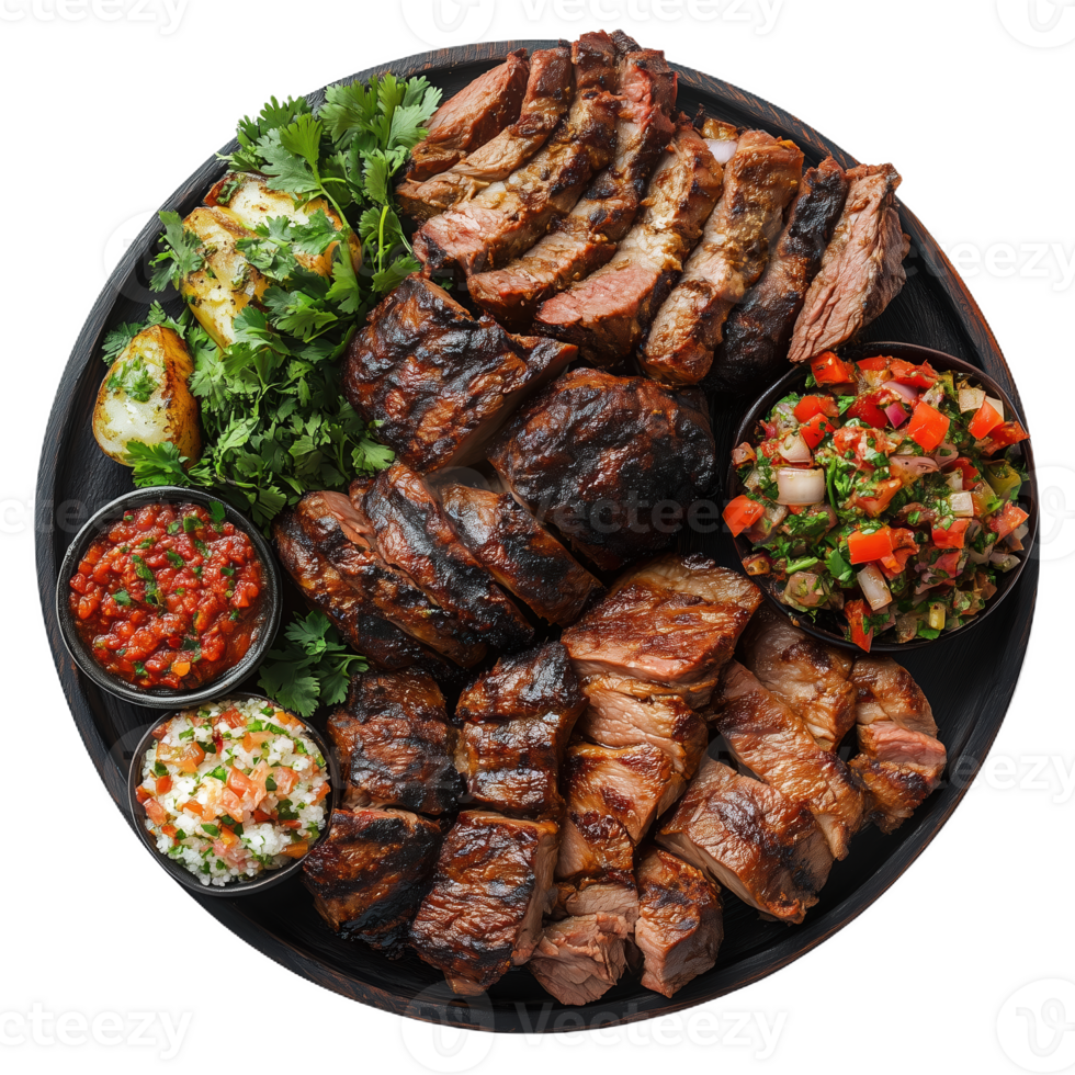 Succulent asado grilled meats served on a platter with fresh sides and salsa png