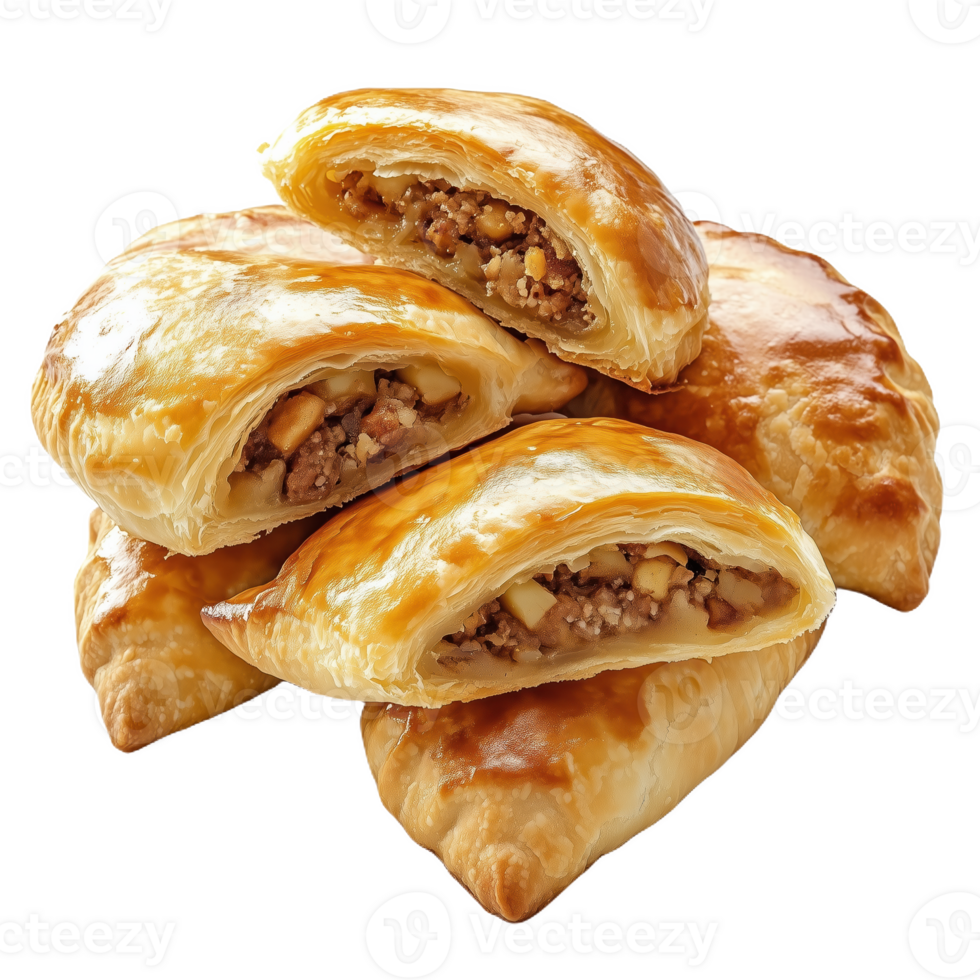 Lifelike briouia pastries arranged on a plate with a glossy golden exterior png